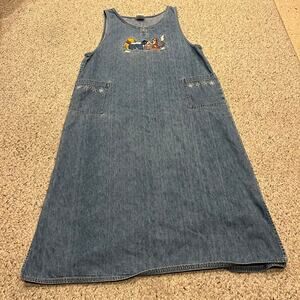 Vintage Disney Store Winnie the Pooh Embroidered Denim Dress Sz L Winter